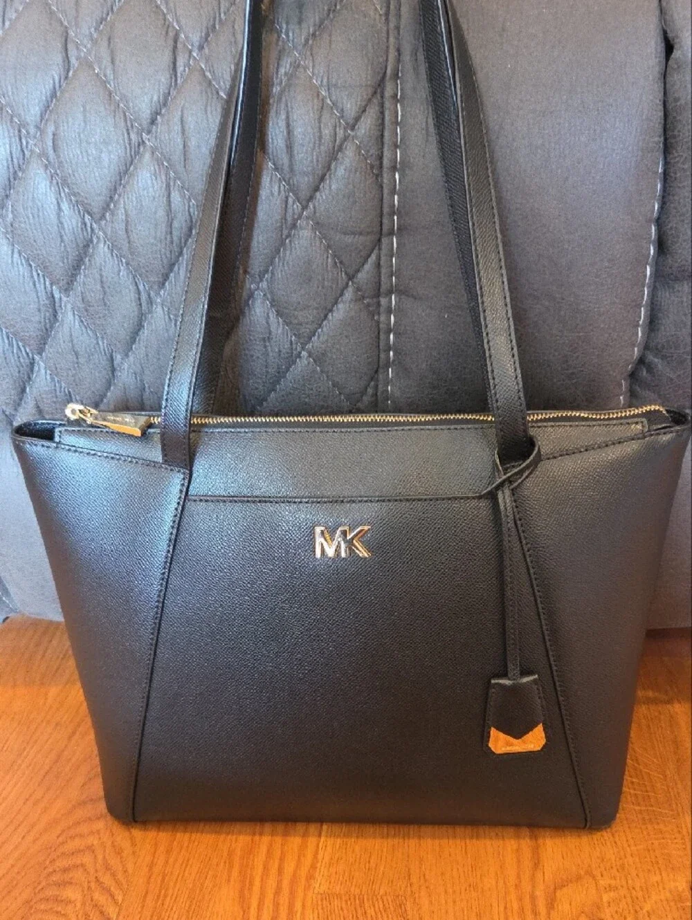Michael Kors Black Leather Tote with Gold MK Logo - Picture 5 of 9